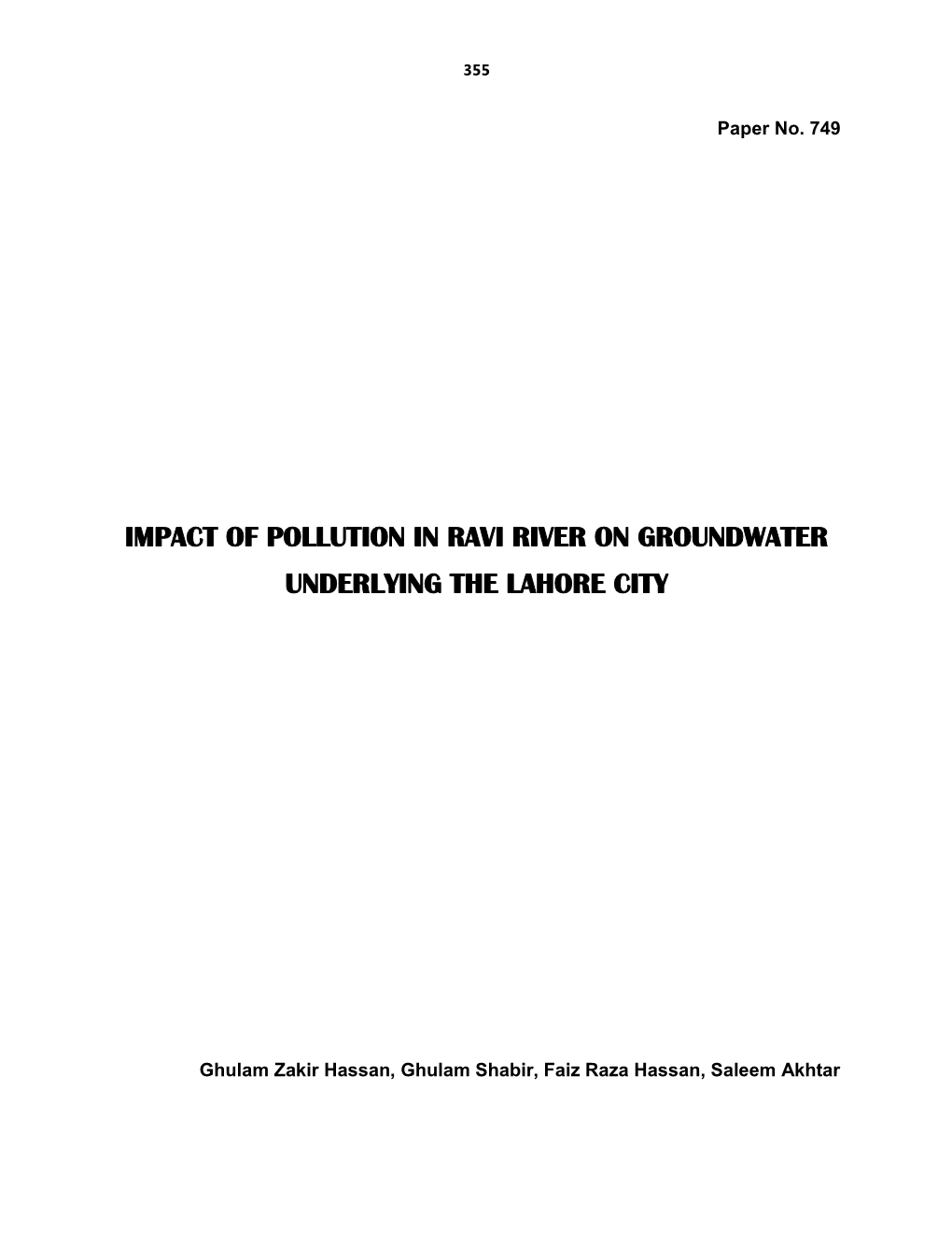 Impact of Pollution in Ravi River on Groundwater Underlying the Lahore City