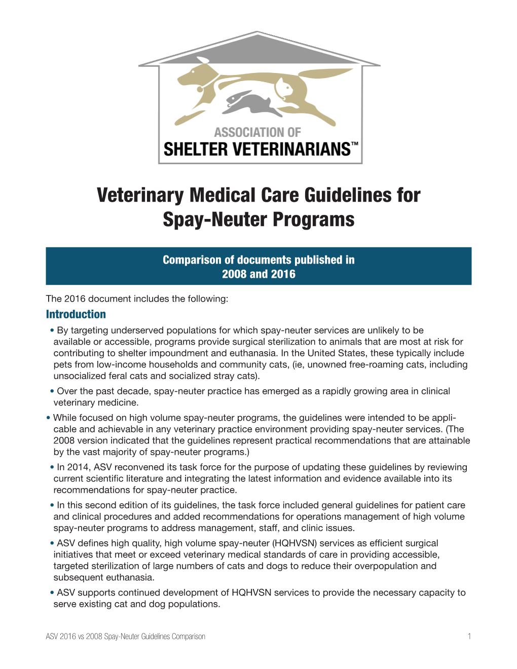 Veterinary Medical Care Guidelines for Spay-Neuter Programs