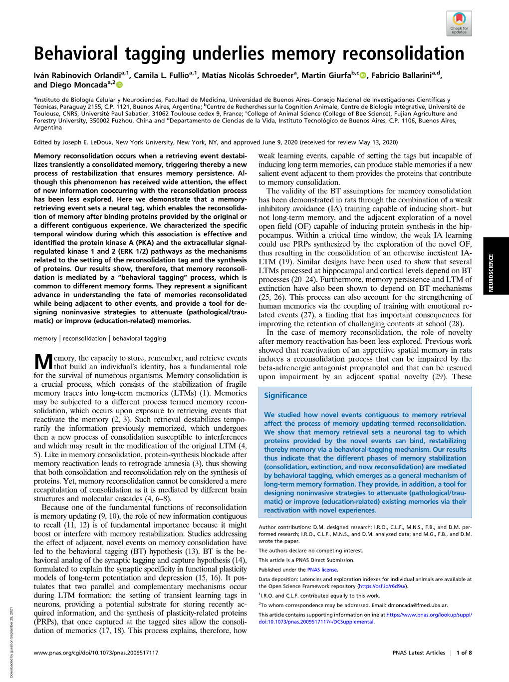 Behavioral Tagging Underlies Memory Reconsolidation