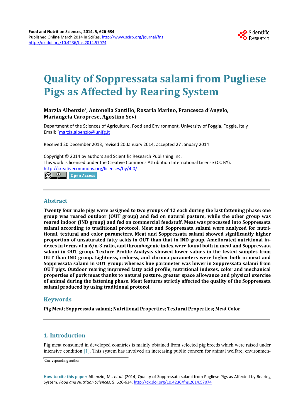 Quality of Soppressata Salami from Pugliese Pigs As Affected by Rearing System
