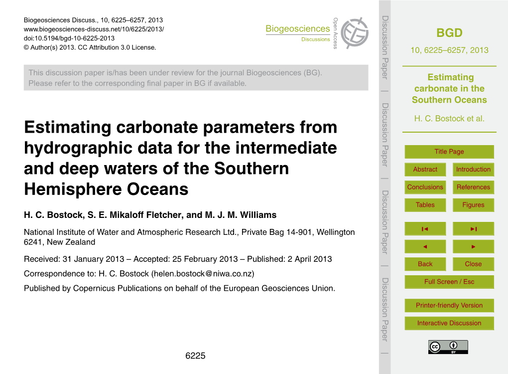 Estimating Carbonate in the Southern Oceans 6 Conclusions H