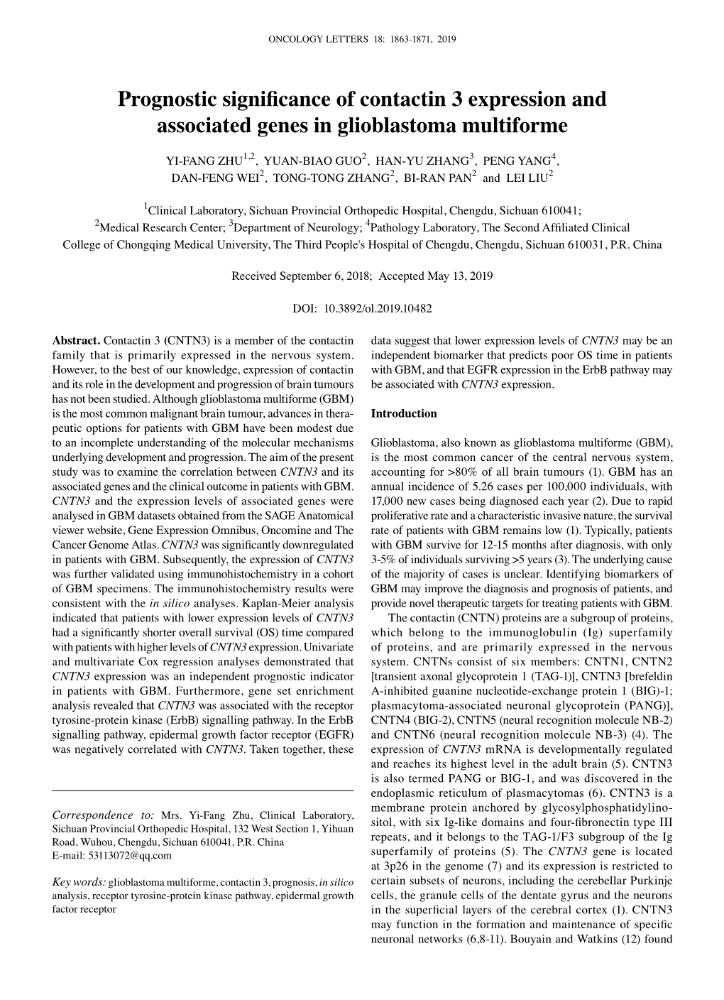 Prognostic Significance of Contactin 3 Expression and Associated Genes in Glioblastoma Multiforme