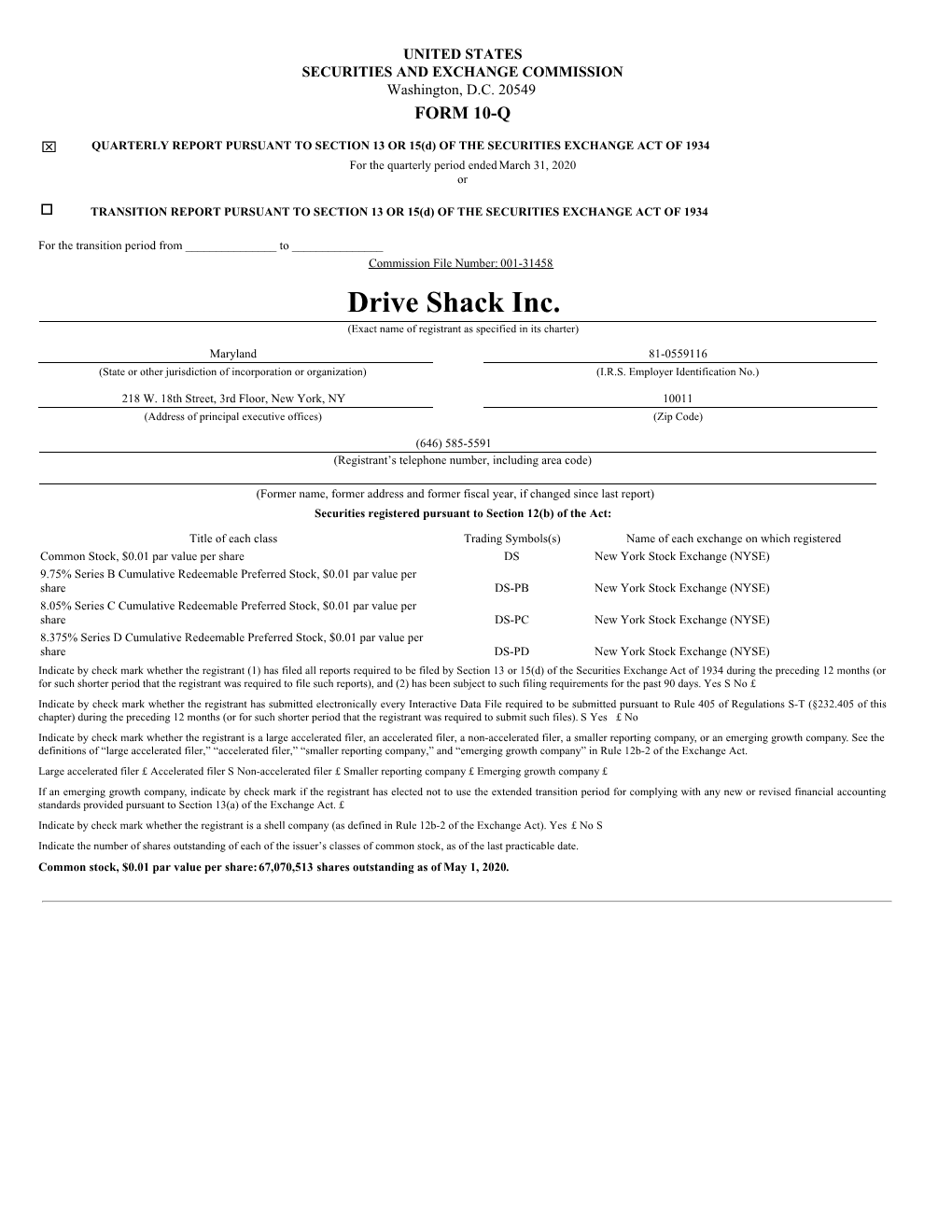 QUARTERLY REPORT PURSUANT to SECTION 13 OR 15(D) of the SECURITIES EXCHANGE ACT of 1934 for the Quarterly Period Ended March 31, 2020 Or