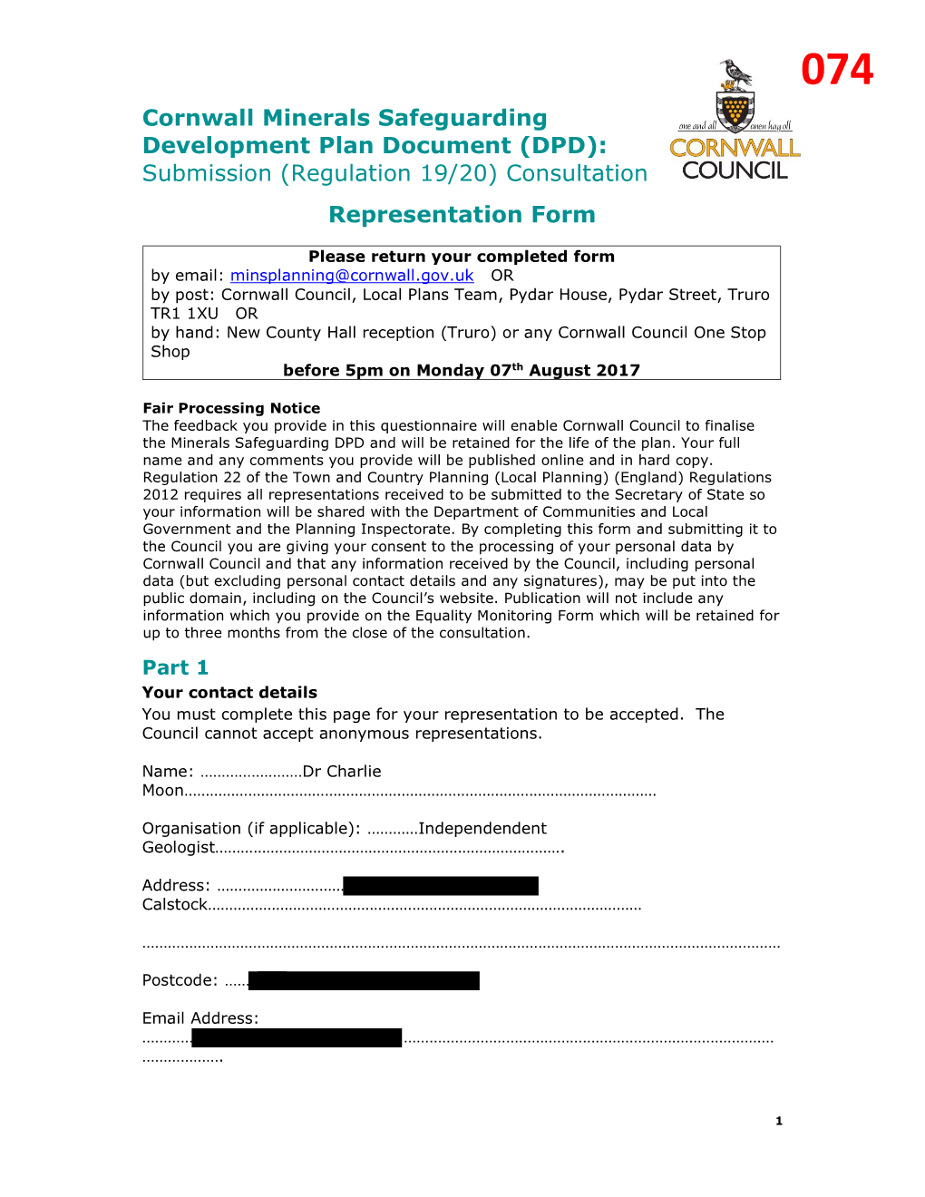 Cornwall Minerals Safeguarding Development Plan Document (DPD): Submission (Regulation 19/20) Consultation Representation Form