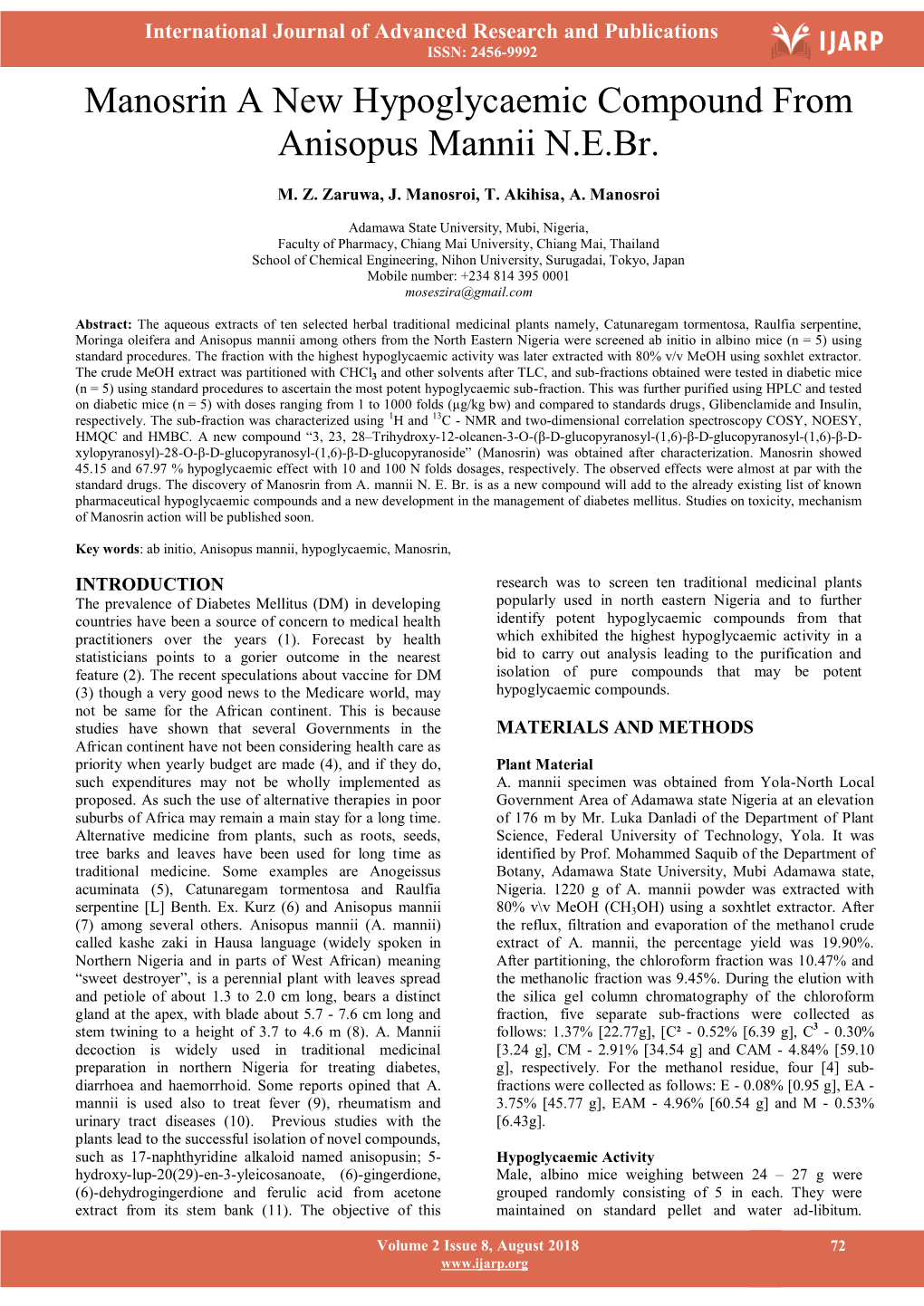 Manosrin a New Hypoglycaemic Compound from Anisopus Mannii N.E.Br