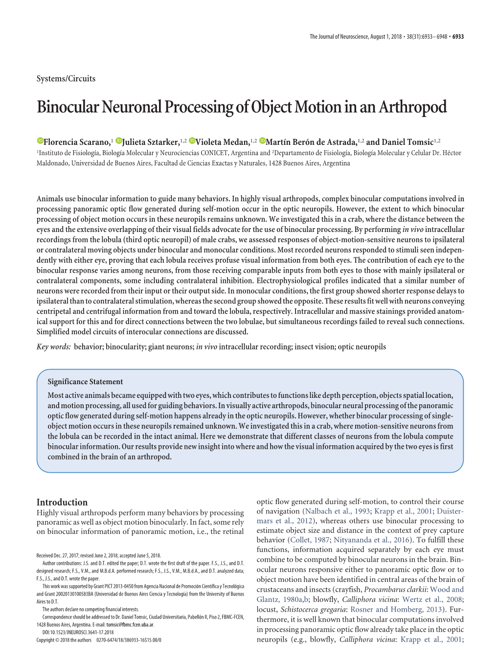 Binocular Neuronal Processing of Object Motion in an Arthropod