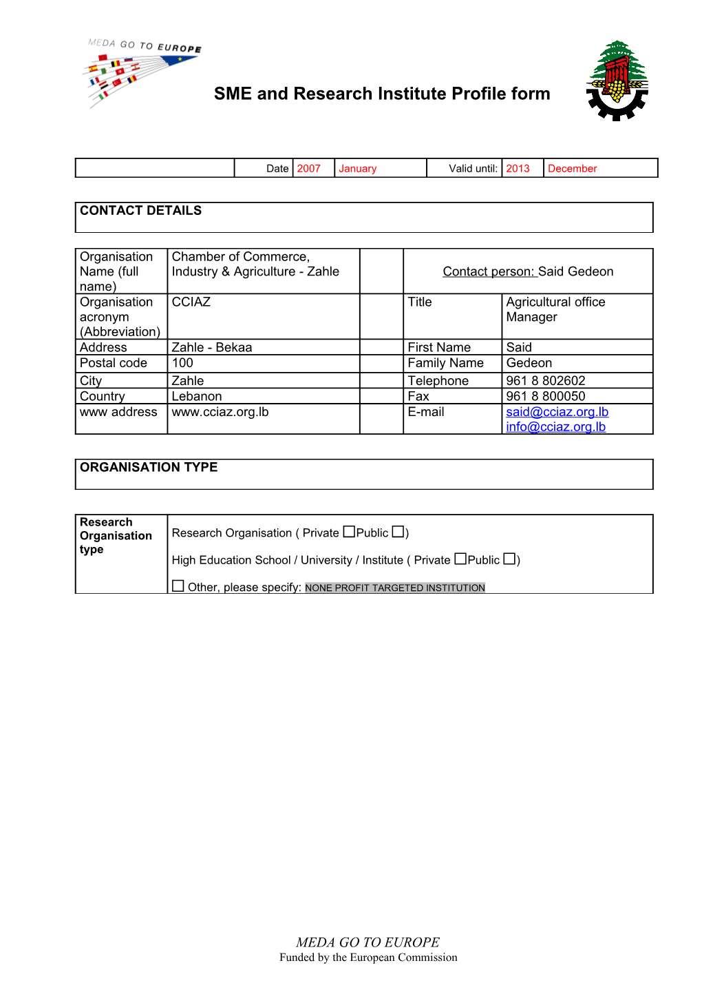 SME and Research Institute Profile Form