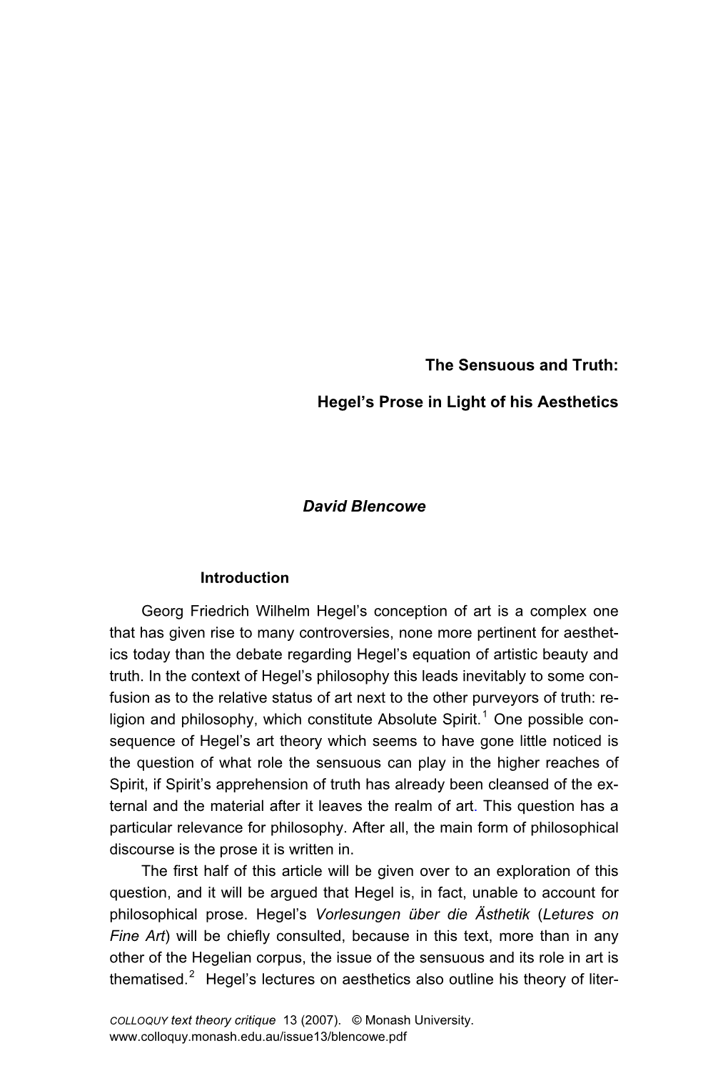 The Sensuous and Truth: Hegel's Prose in Light of His Aesthetics