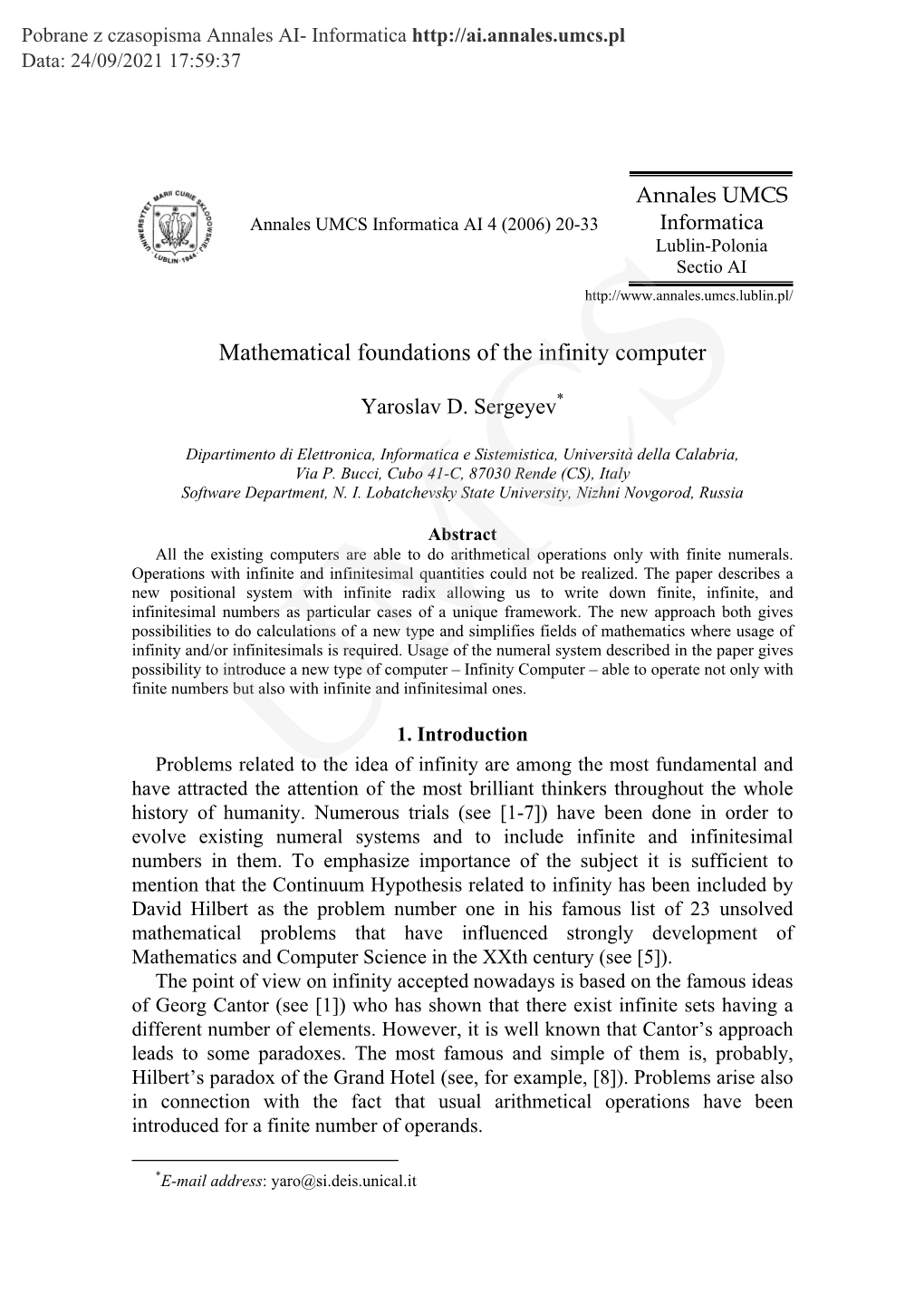 Mathematical Foundations of the Infinity Computer