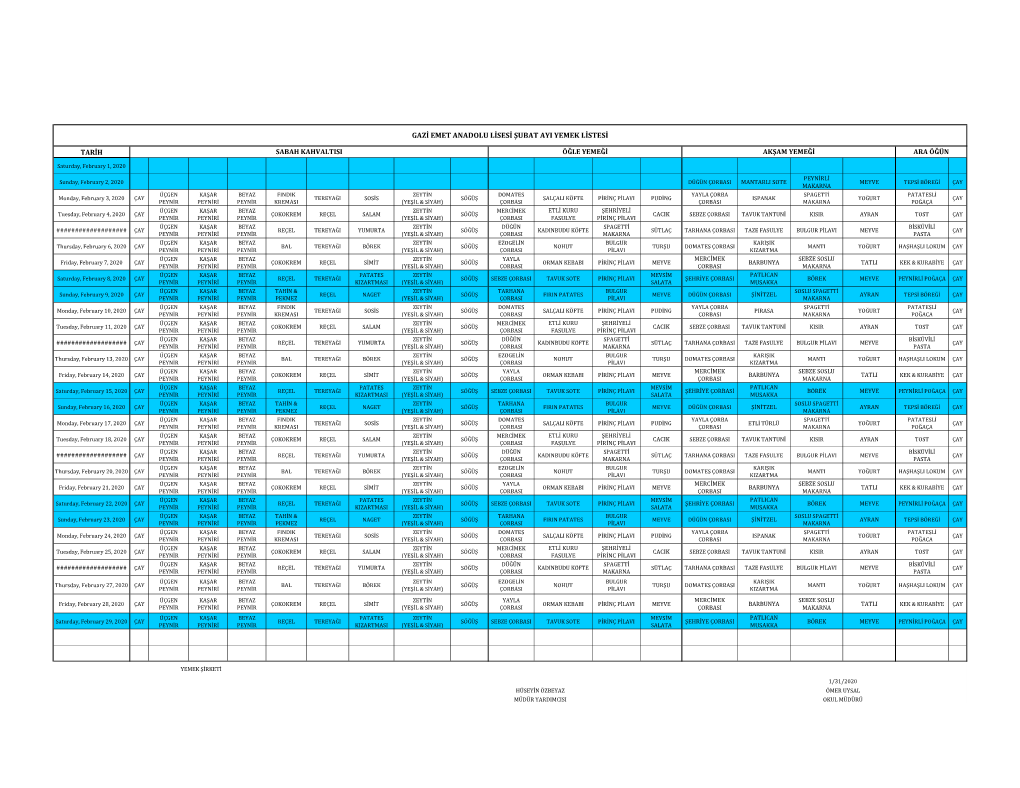 Şubat Ayi Yemek Listesi