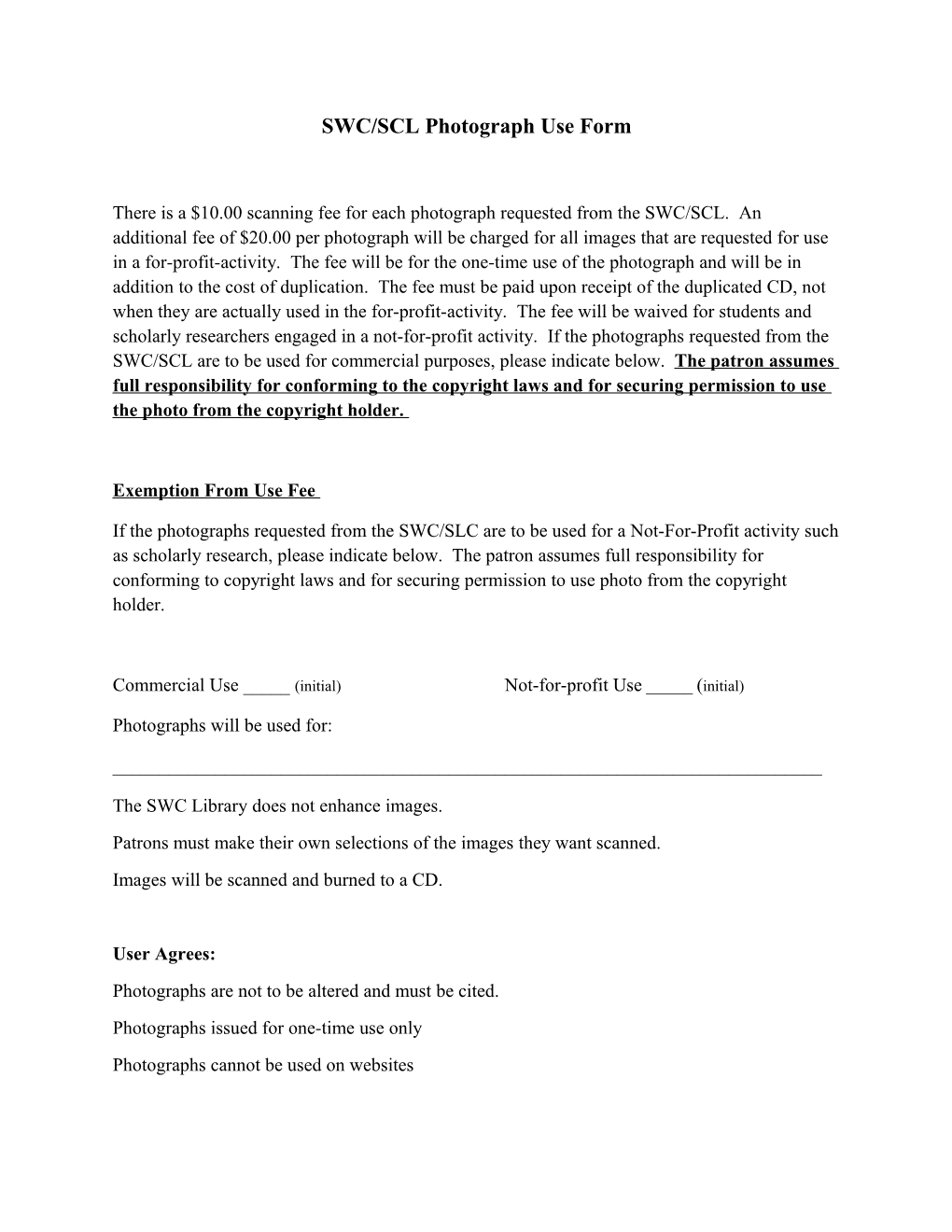 SWC/SCL Photograph Use Form