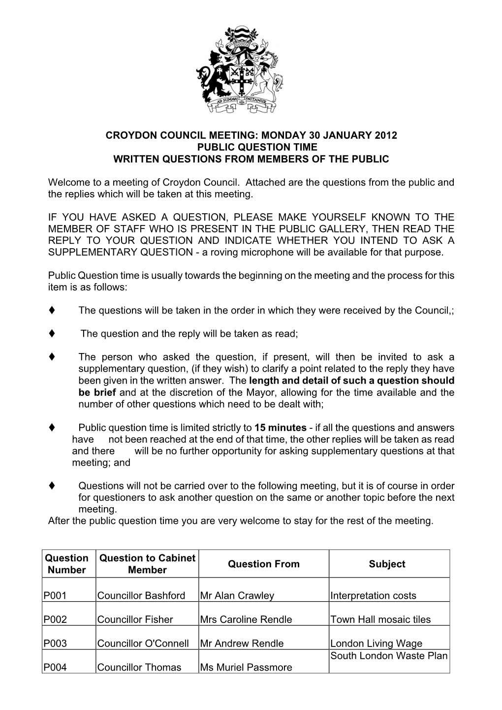 Croydon Council Meeting: Monday 30 January 2012 Public Question Time Written Questions from Members of the Public