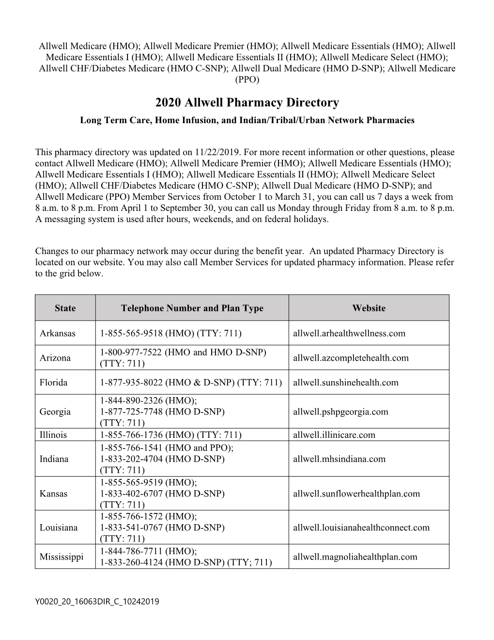 2020 Allwell Pharmacy Directory Long Term Care, Home Infusion, and Indian/Tribal/Urban Network Pharmacies