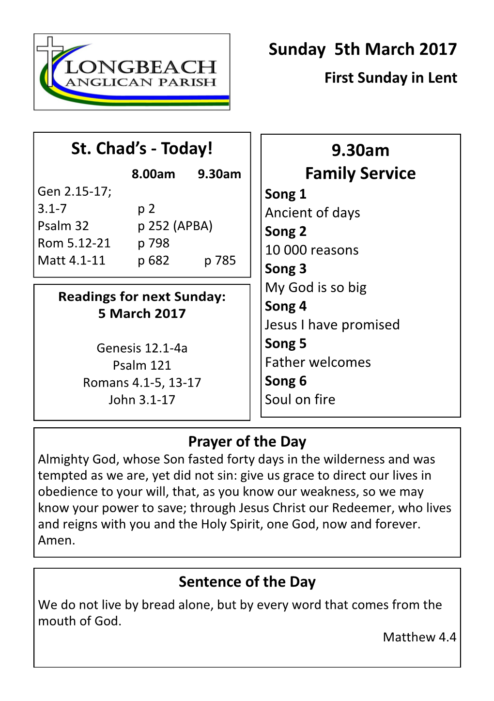 Sunday 5Th March 2017 First Sunday in Lent