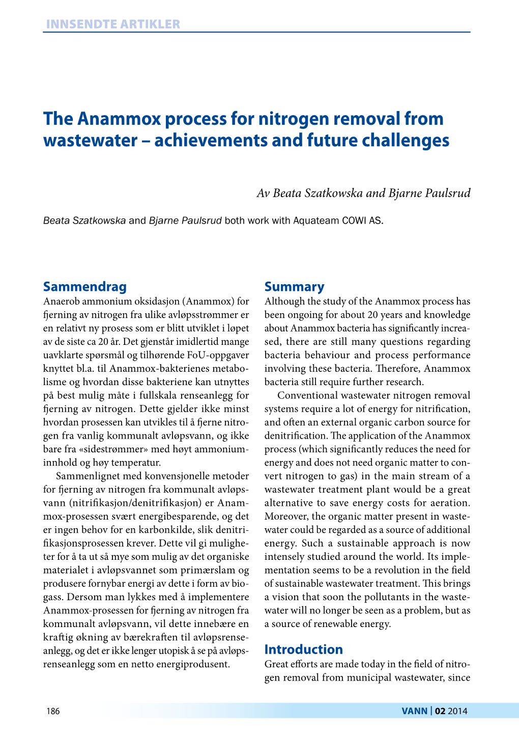 The Anammox Process for Nitrogen Removal from Wastewater – Achievements and Future Challenges