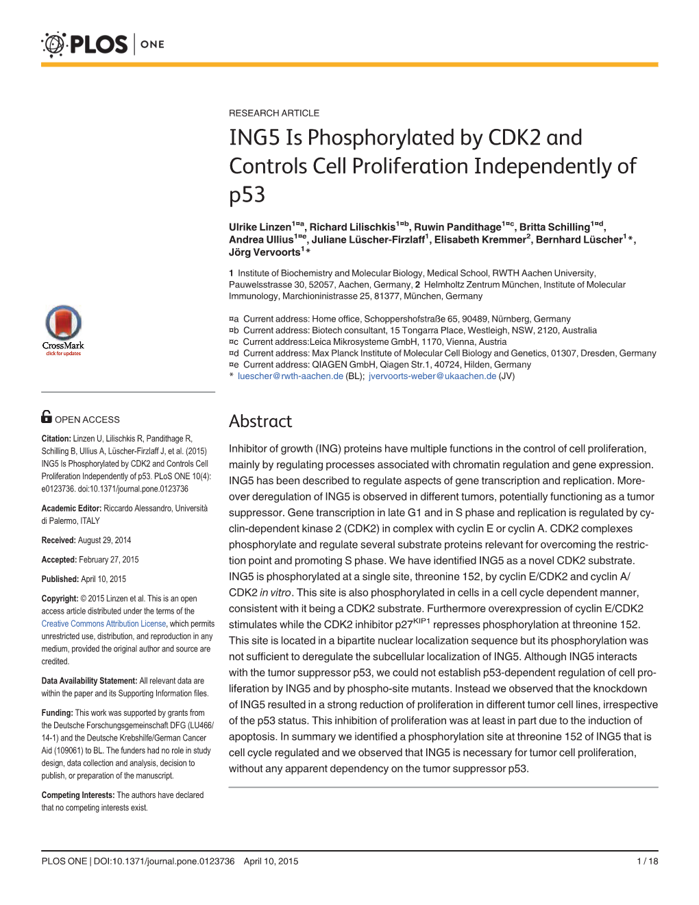 ING5 Is Phosphorylated by CDK2 and Controls Cell Proliferation Independently of P53