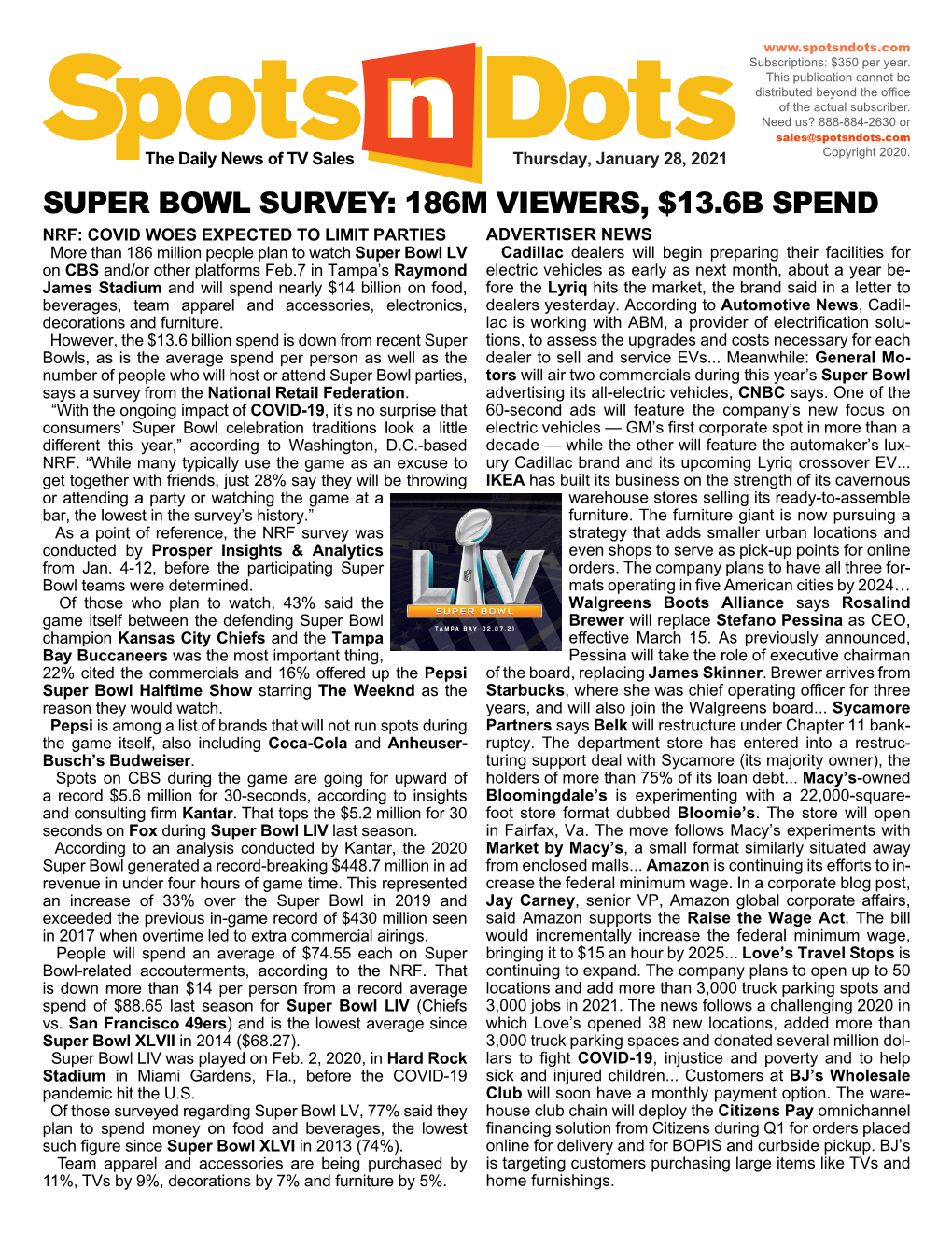 Super Bowl Survey: 186M Viewers, $13.6B Spend
