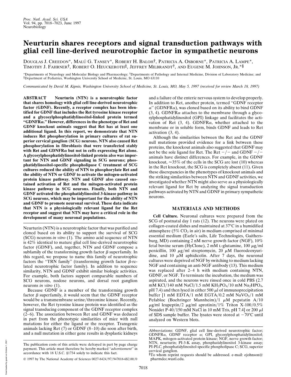 Neurturin Shares Receptors and Signal Transduction Pathways with Glial Cell Line-Derived Neurotrophic Factor in Sympathetic Neurons