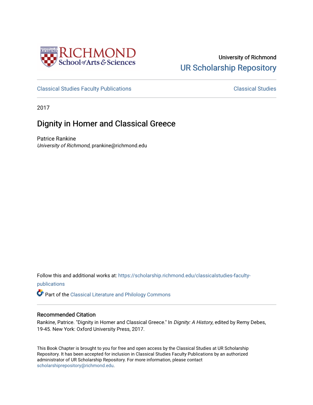 Dignity in Homer and Classical Greece