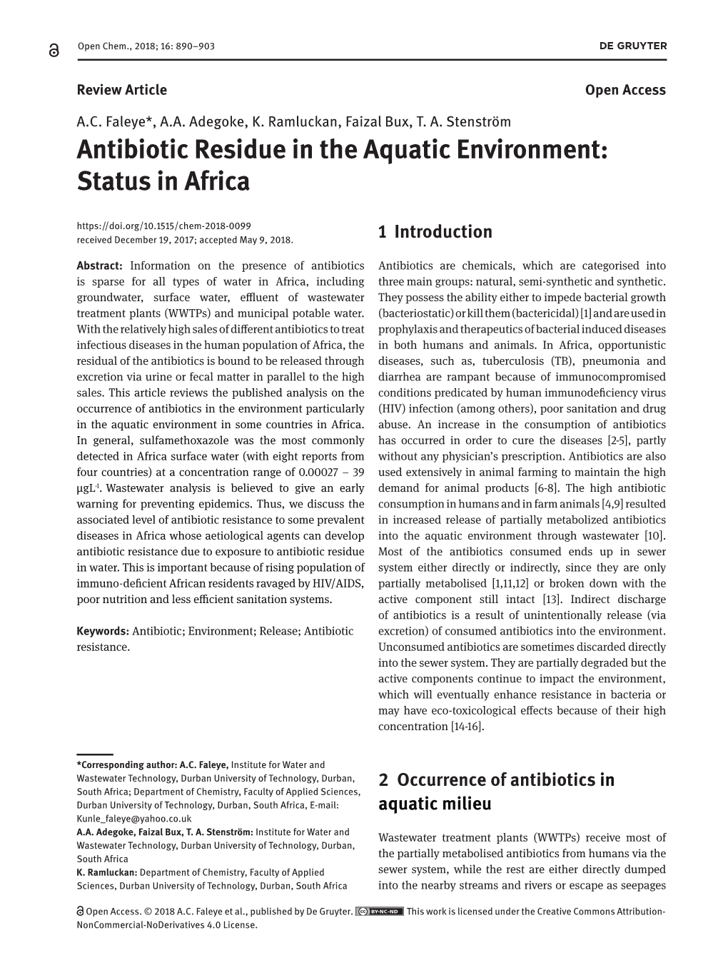 Antibiotic Residue in the Aquatic Environment: Status in Africa 891 From, for Example, Landfill Sites [17]