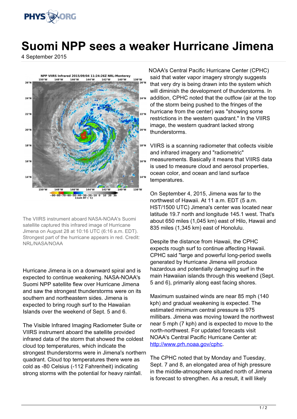 Suomi NPP Sees a Weaker Hurricane Jimena 4 September 2015