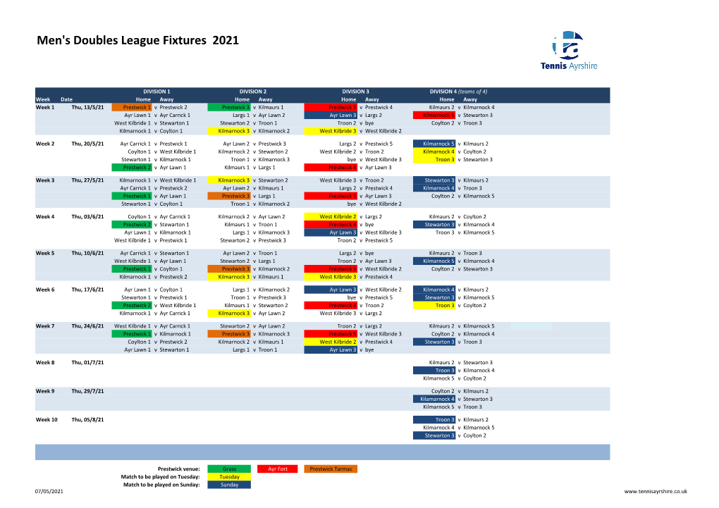 Men's Doubles League Fixtures 2021