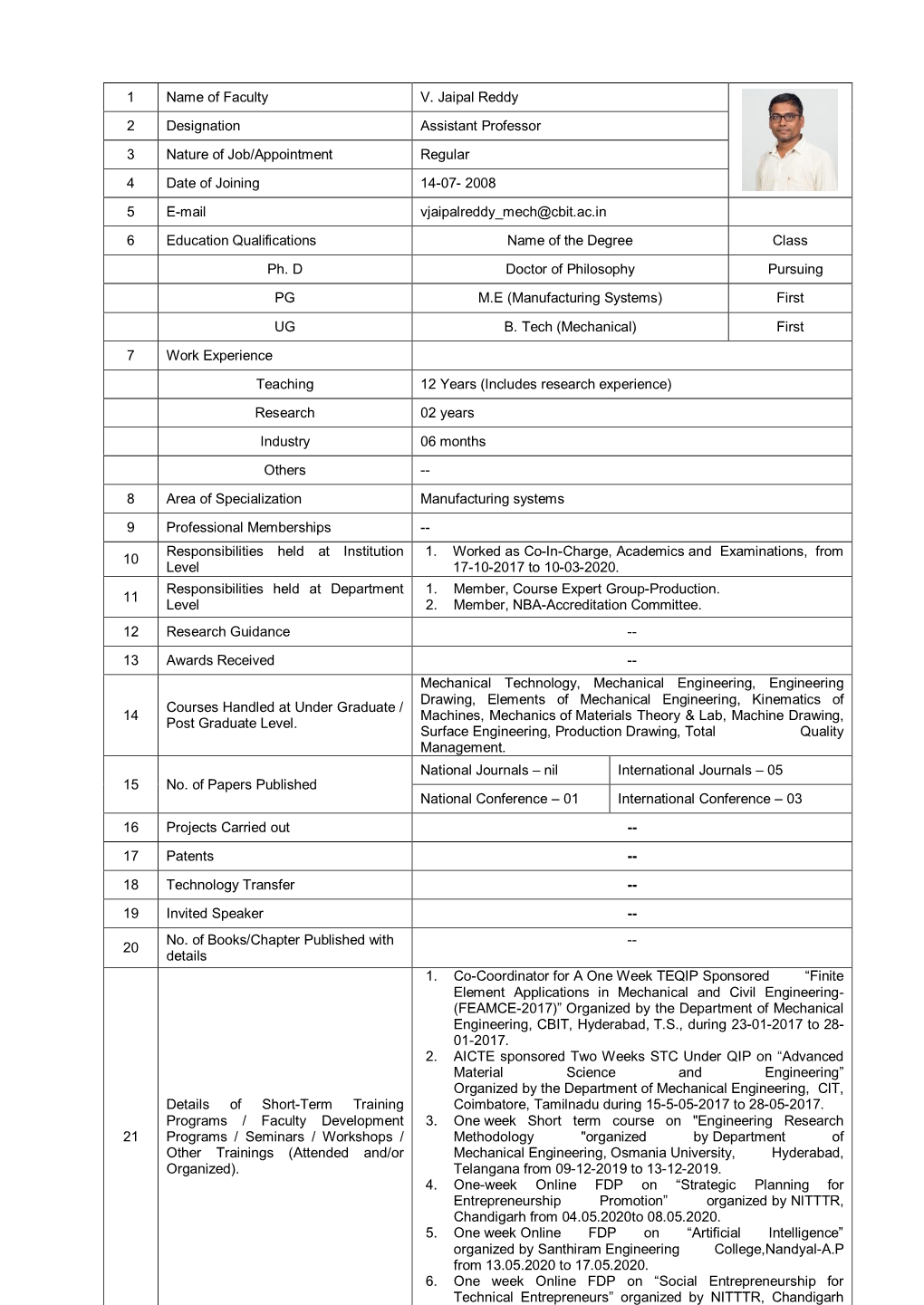 1 Name of Faculty V. Jaipal Reddy 2 Designation Assistant Professor 3