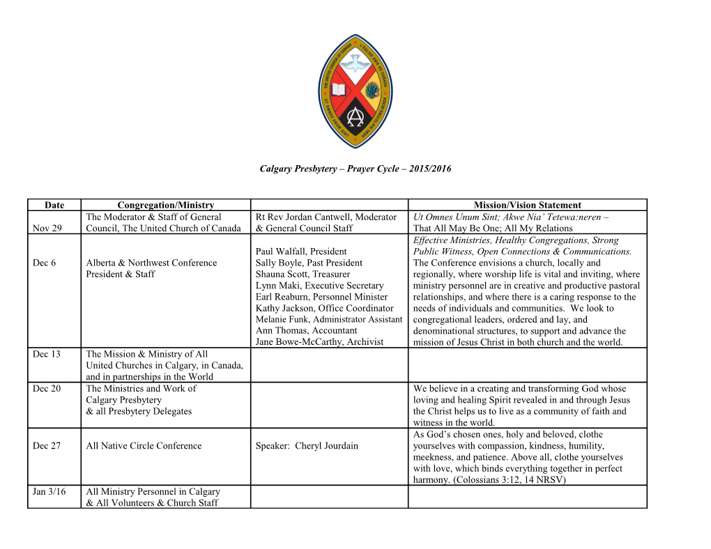 Calgary Presbytery Prayer Cycle 2015/2016