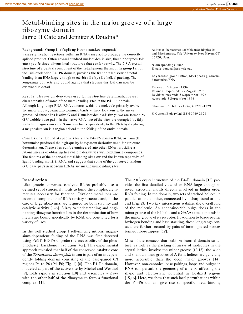 Metal-Binding Sites in the Major Groove of a Large Ribozyme Domain Jamie H Cate and Jennifer a Doudna*