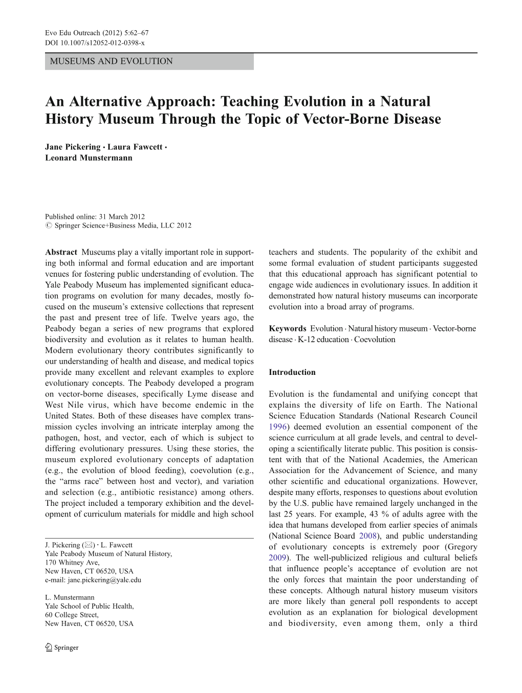 Teaching Evolution in a Natural History Museum Through the Topic of Vector-Borne Disease