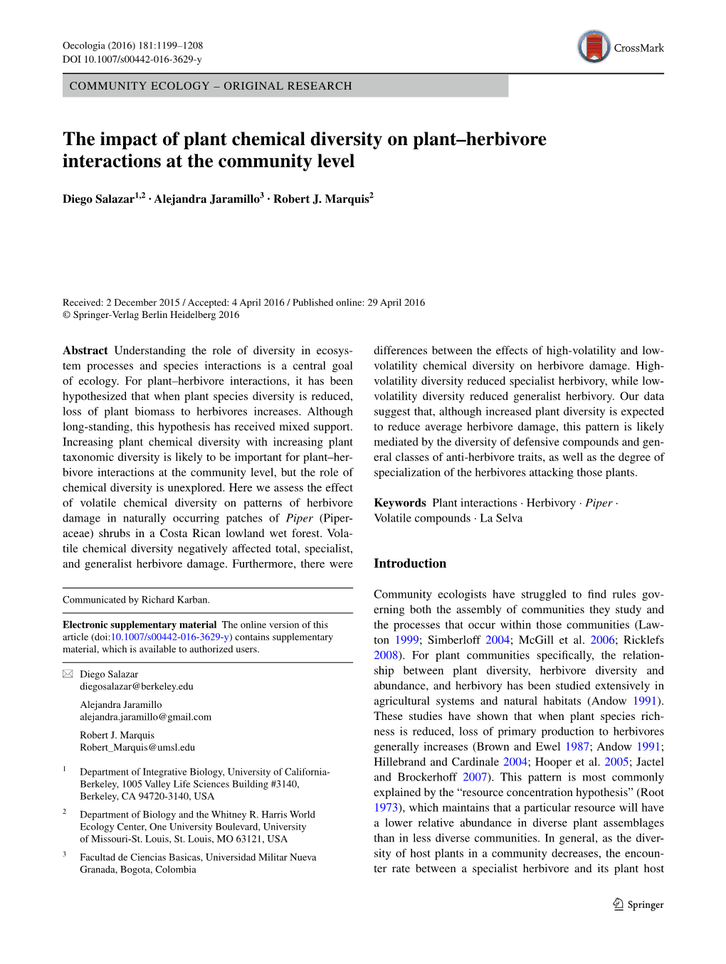 The Impact of Plant Chemical Diversity on Plant–Herbivore Interactions at the Community Level