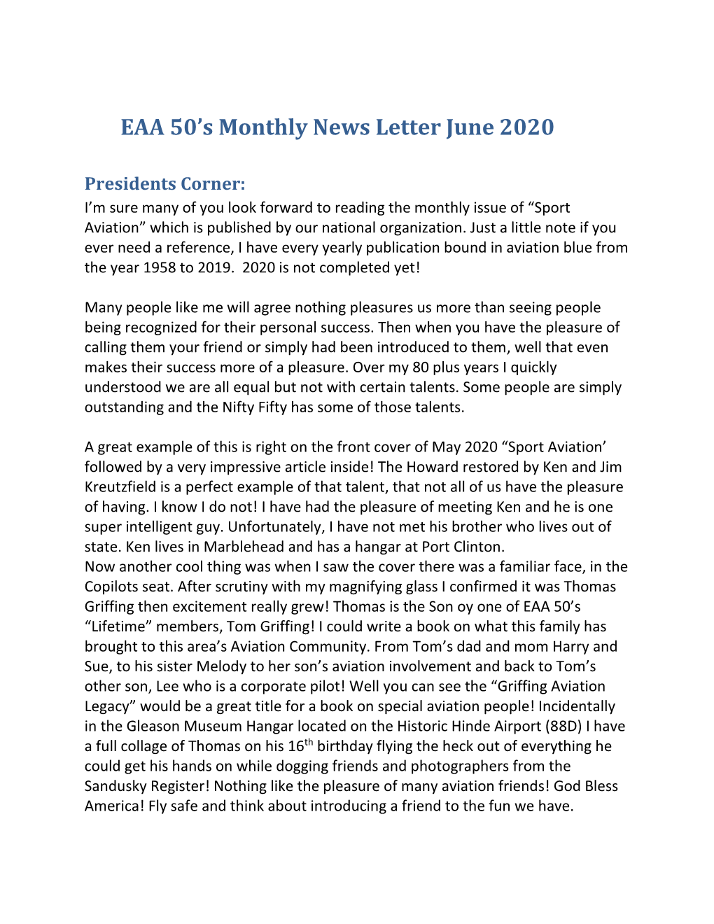 EAA 50'S Monthly News Letter June 2020