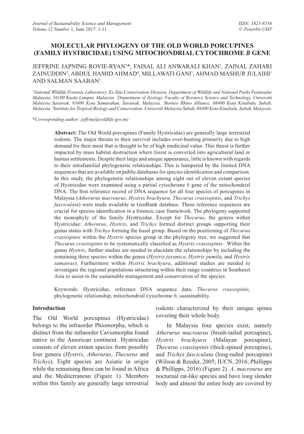 Molecular Phylogeny of the Old World Porcupines (Family Hystricidae) Using Mitochondrial Cytochrome B Gene