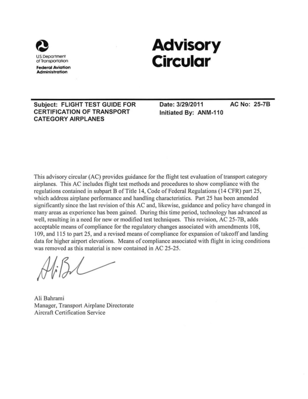 Advisory Circular (A C) Provides Guidance for the Flight Test Evaluation of Transport Category Airplanes