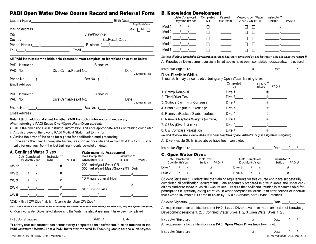 PADI Open Water Referral Form