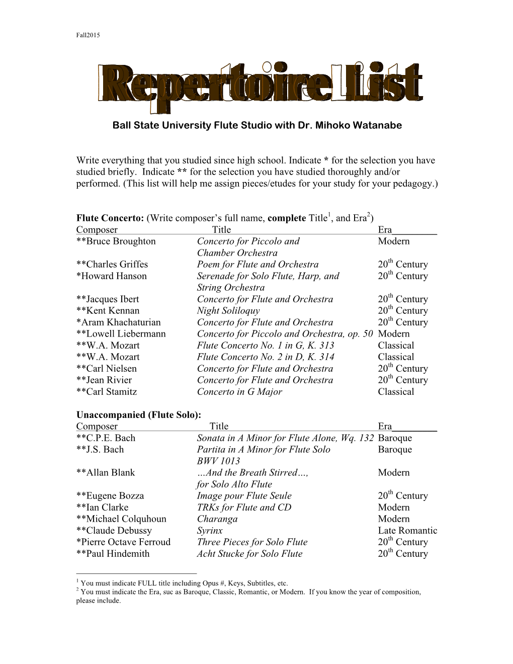 BSU Repertoire List