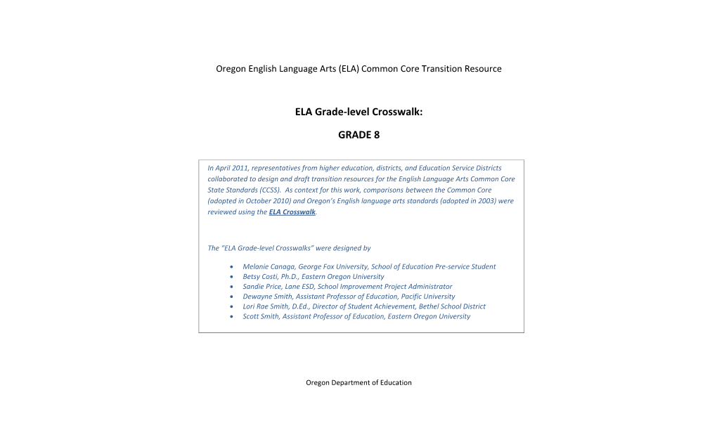 Oregon English Language Arts (ELA) Common Core Transition Resource