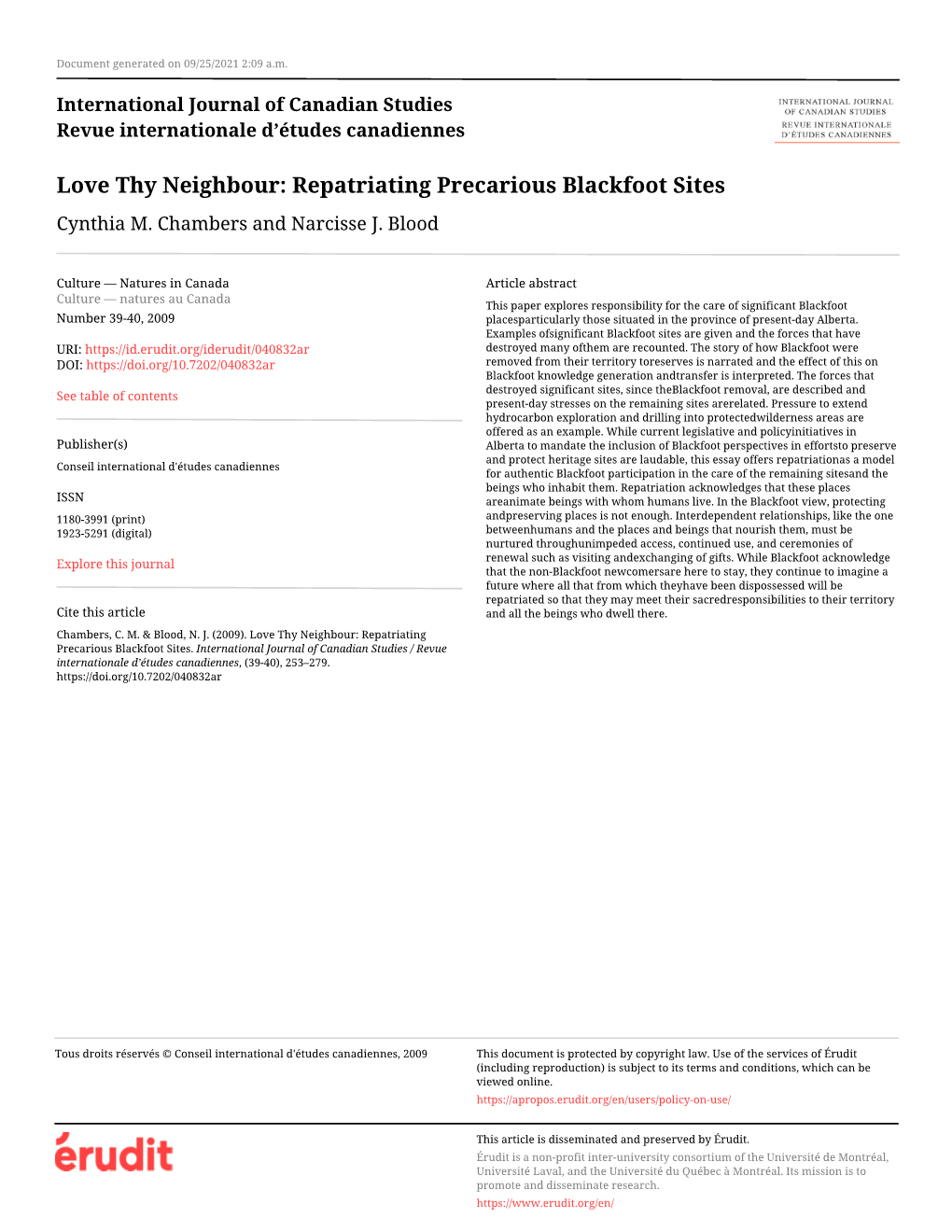 Love Thy Neighbour: Repatriating Precarious Blackfoot Sites Cynthia M