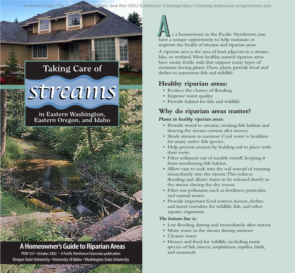 Taking Care of Streams in Eastern Washington, Eastern Oregon, and Idaho: a Homeowner's Guide to Riparian Areas (Oregon State