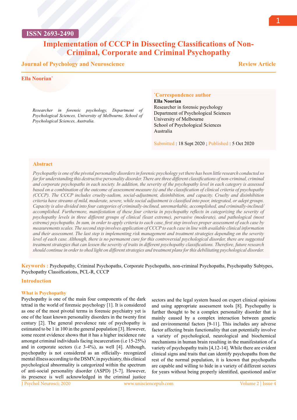 Implementation of CCCP in Dissecting Classifications of Non- Criminal, Corporate and Criminal Psychopathy Journal of Psychology and Neuroscience Review Article