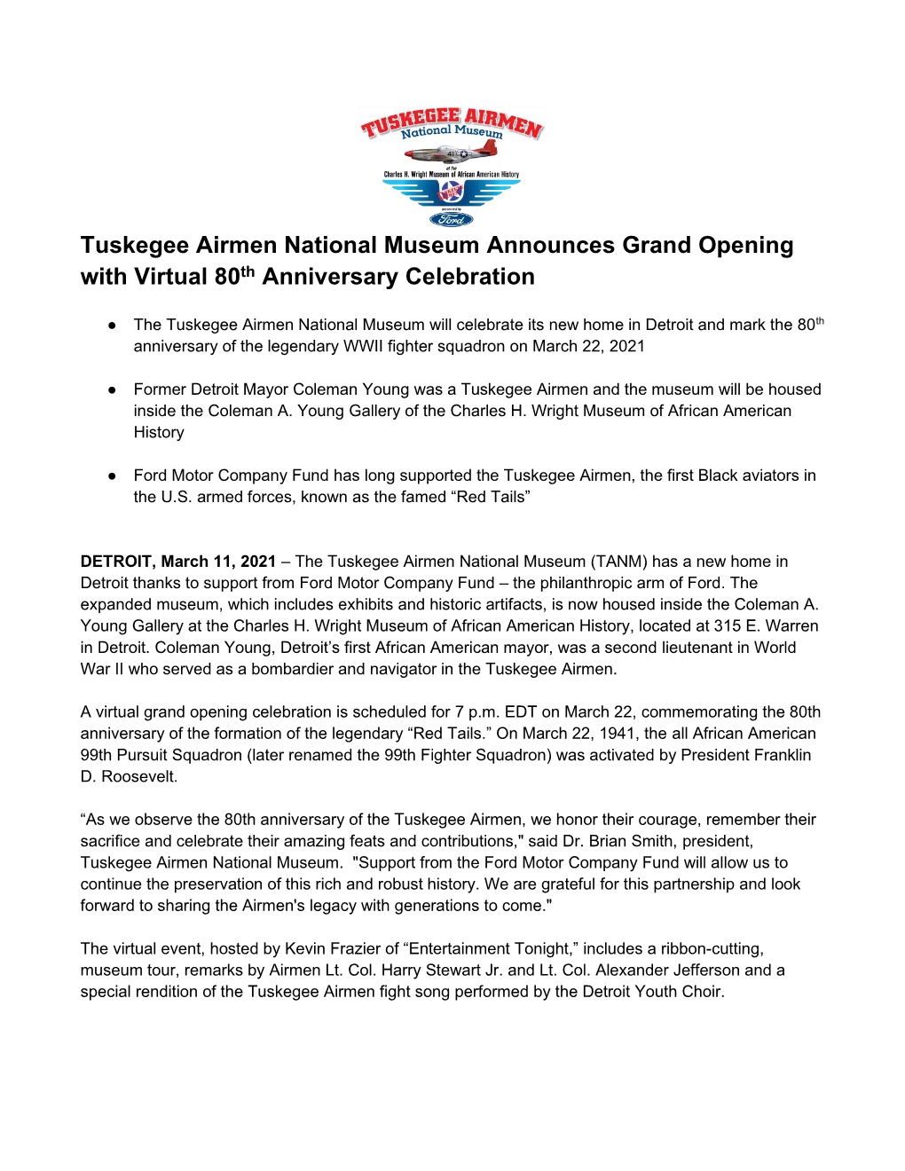 Tuskegee Airmen National Museum Announces Grand Opening with Virtual 80Th Anniversary Celebration