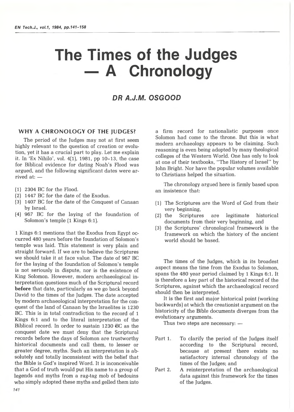 The Times of the Judges — a Chronology