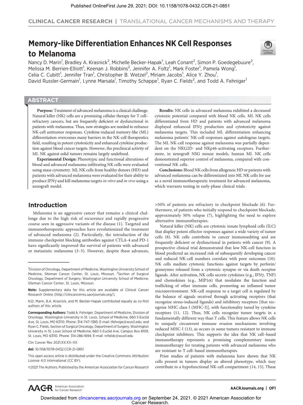 Memory-Like Differentiation Enhances NK Cell Responses to Melanoma Nancy D