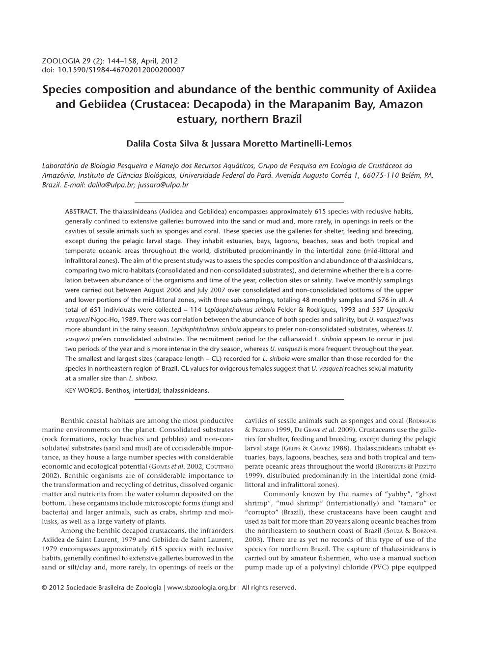 Species Composition and Abundance of the Benthic Community of Axiidea and Gebiidea (Crustacea: Decapoda) in the Marapanim Bay, Amazon Estuary, Northern Brazil