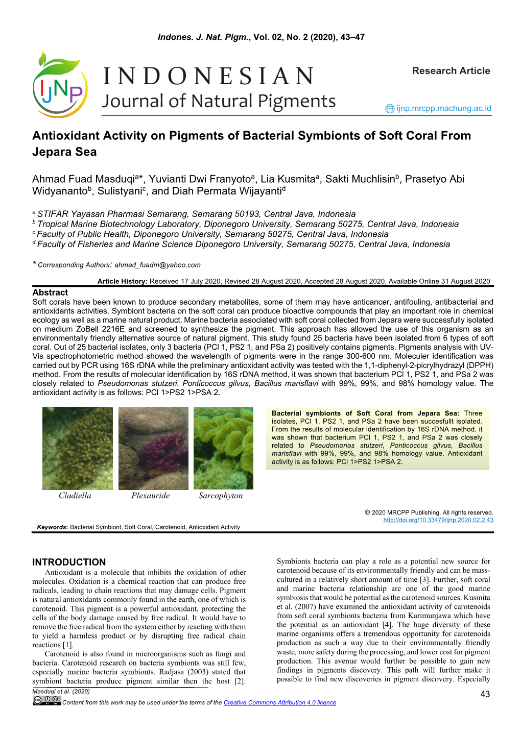 Antioxidant Activity on Pigments of Bacterial Symbionts of Soft Coral from Jepara Sea