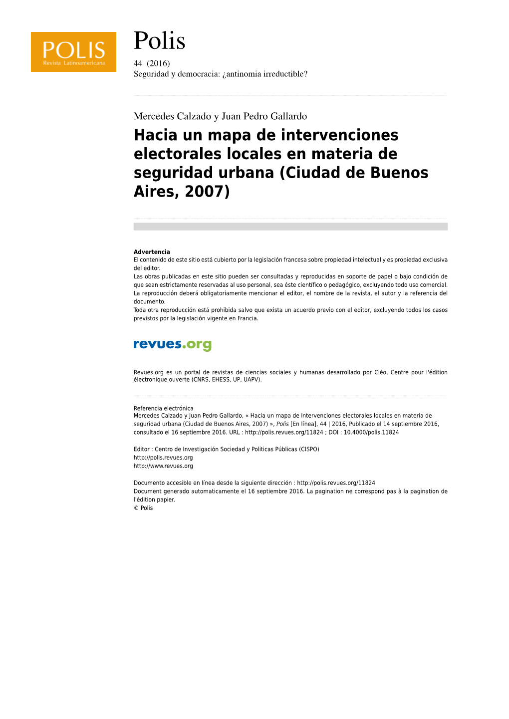 Hacia Un Mapa De Intervenciones Electorales Locales En Materia De Seguridad Urbana (Ciudad De Buenos Aires, 2007)