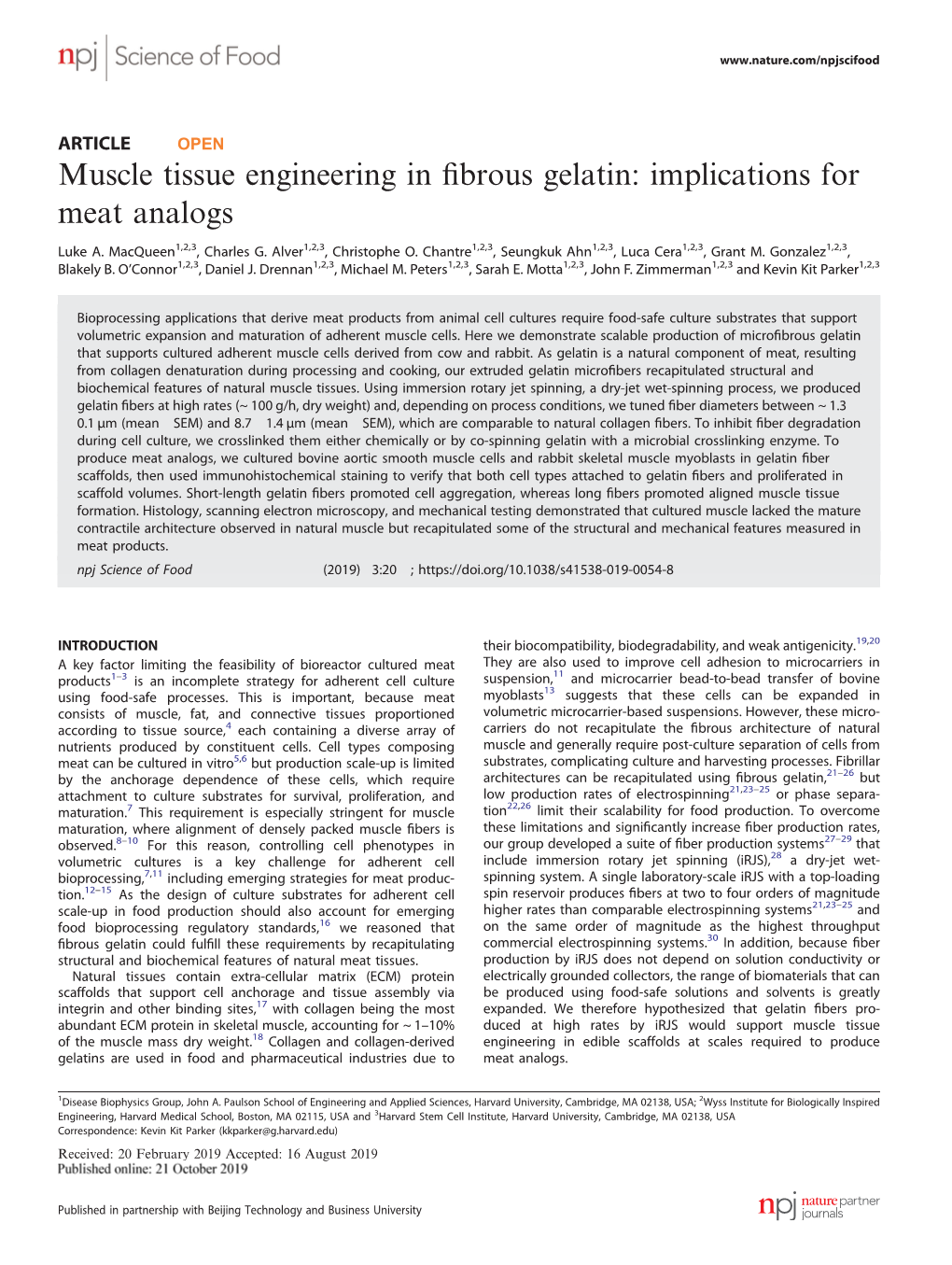 Muscle Tissue Engineering in Fibrous Gelatin: Implications for Meat Analogs