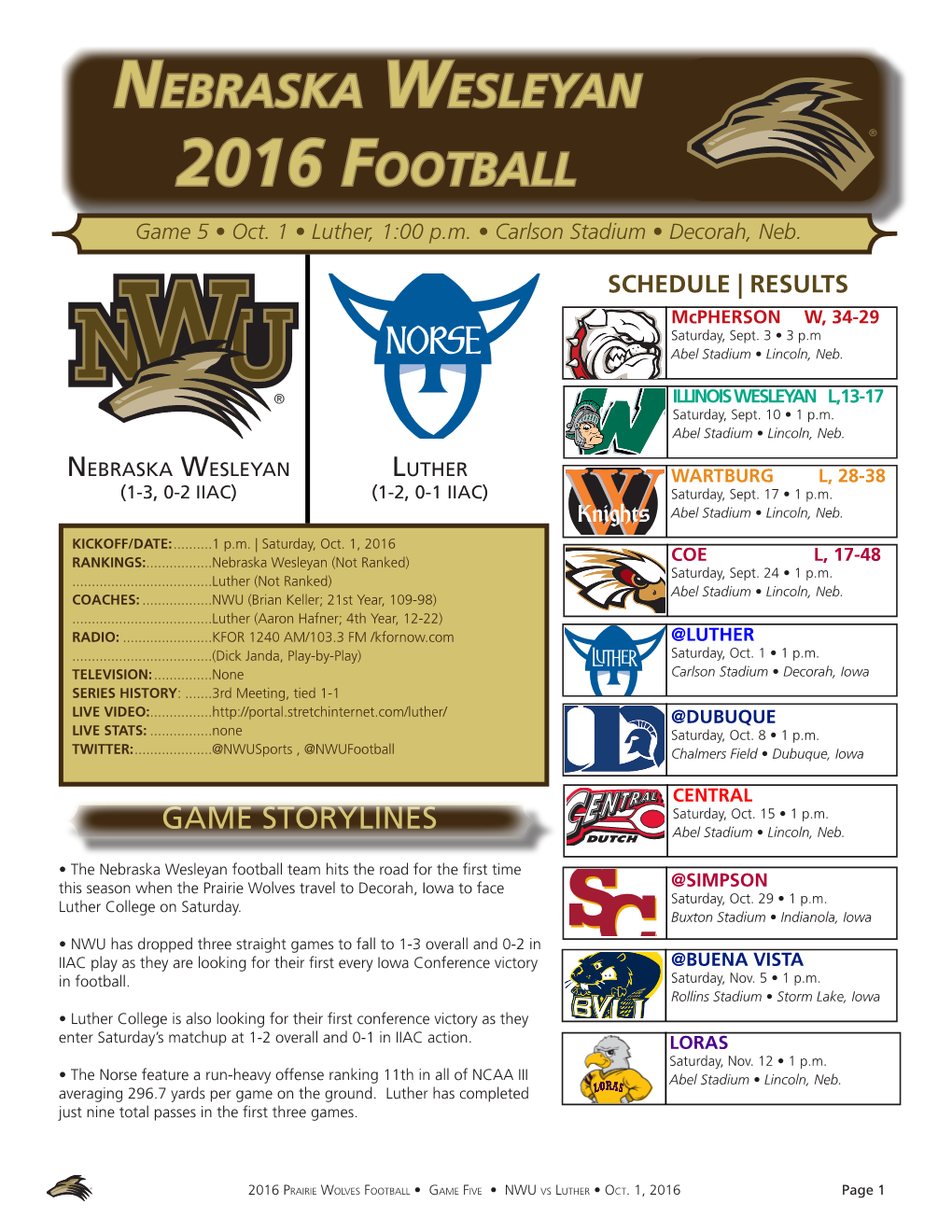 Nebraska Wesleyan 2016 Football Game 5 • Oct