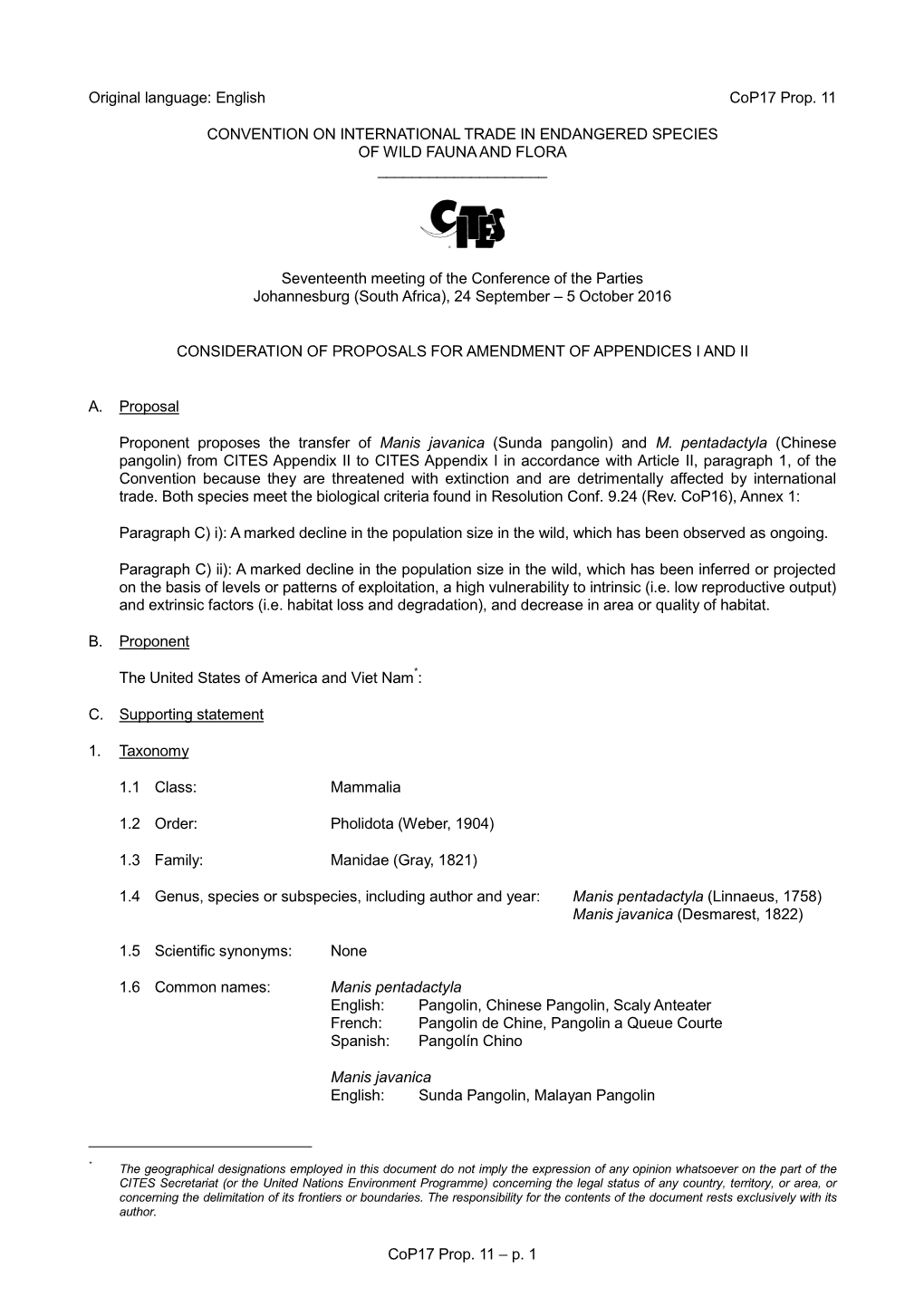 Proposal for Amendment of Appendix I Or II for CITES Cop16