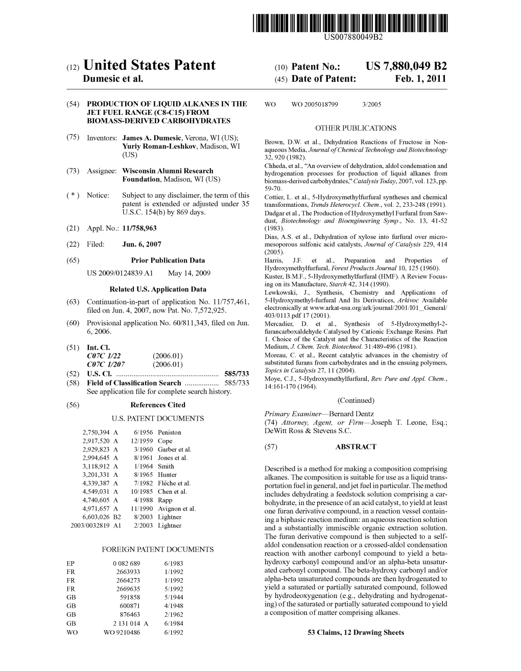 (12) United States Patent (10) Patent No.: US 7,880,049 B2 Dumesic Et Al